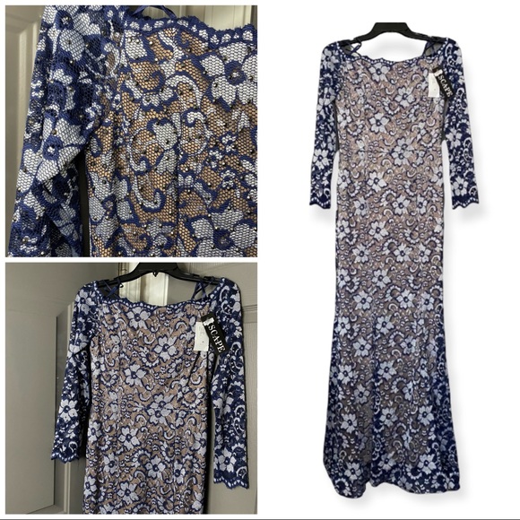 🥂🍾 Xscape New Sparkle / Lace Overlay Formal Dress Navy White Silver 6 - Picture 17 of 17